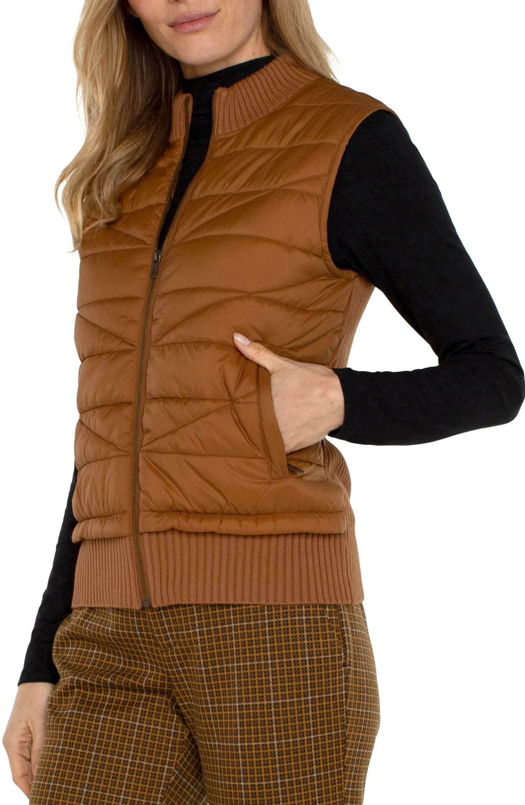 Liverpool Los Angeles Jackets-PETITE SLEEVELESS QUILTED FULL ZIP SWEATER VEST Turmeric