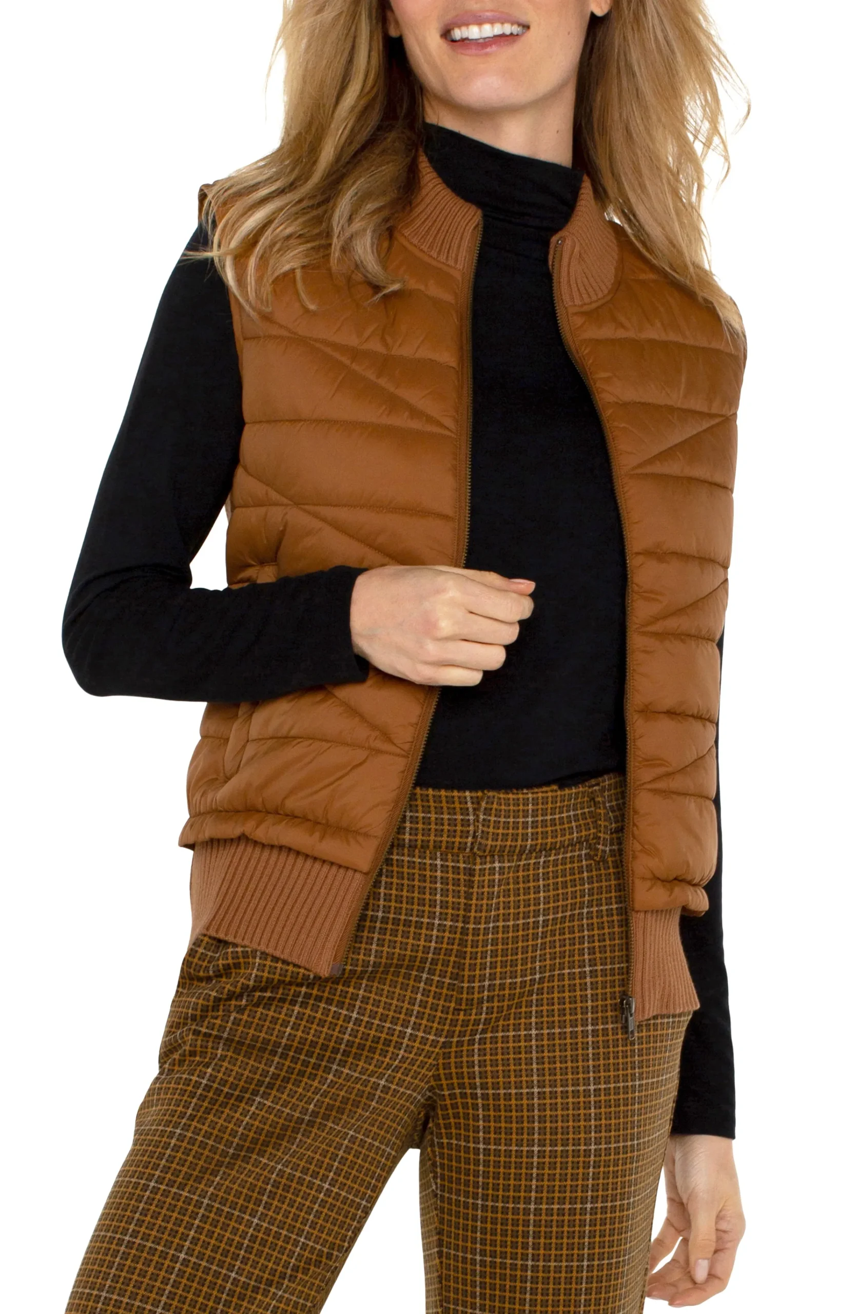 Liverpool Los Angeles Jackets-PETITE SLEEVELESS QUILTED FULL ZIP SWEATER VEST Turmeric