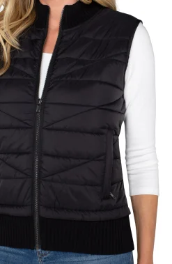Liverpool Los Angeles Jackets-PETITE SLEEVELESS QUILTED FULL ZIP SWEATER VEST Black