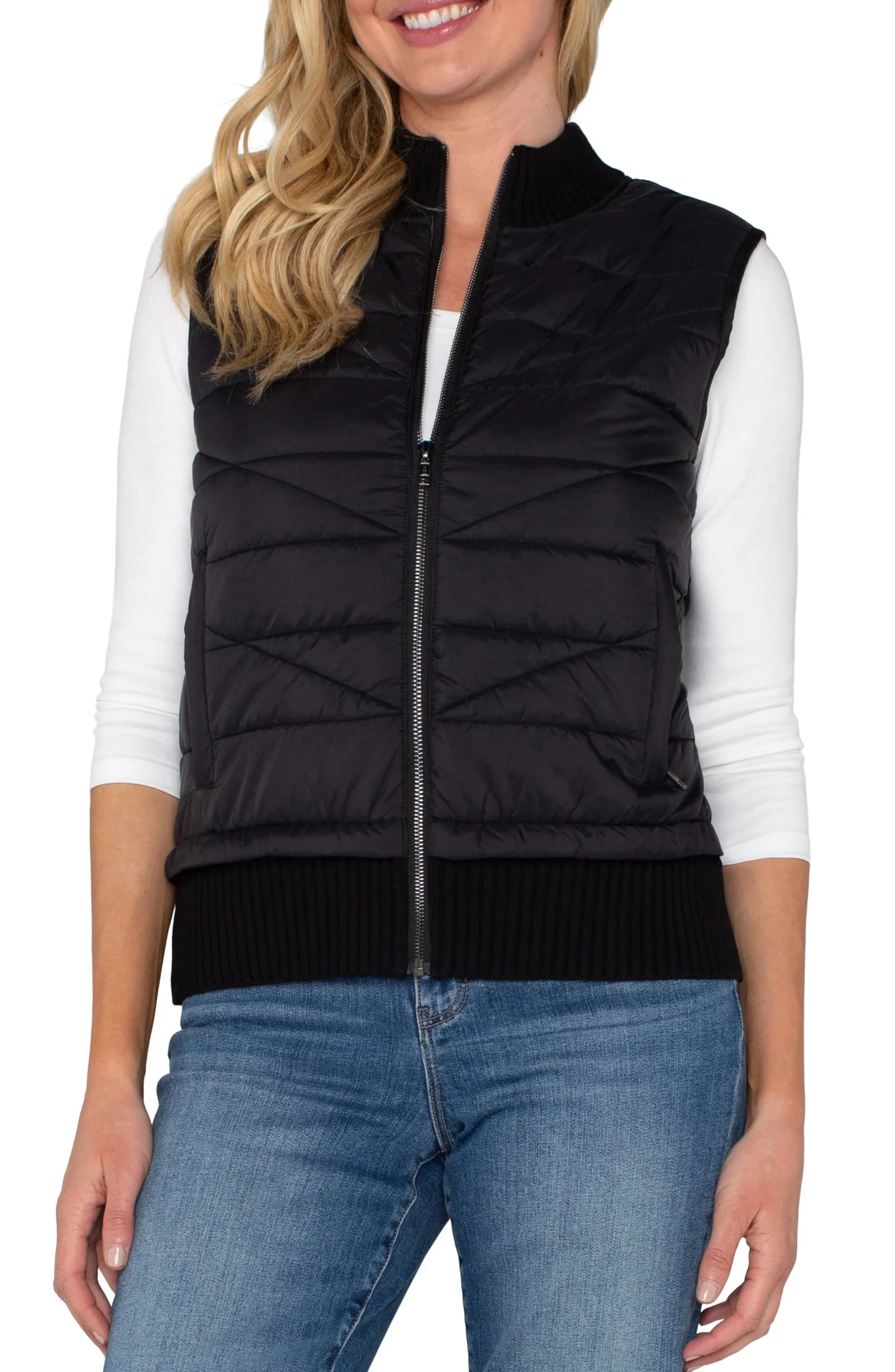 Liverpool Los Angeles Jackets-PETITE SLEEVELESS QUILTED FULL ZIP SWEATER VEST Black