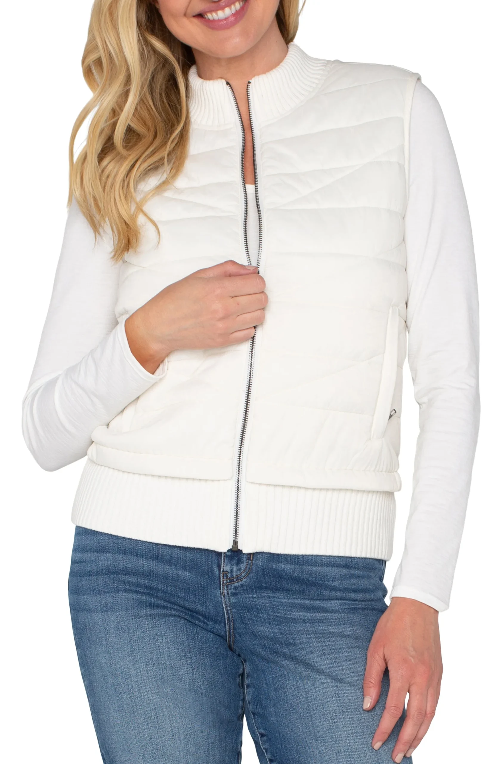 Liverpool Los Angeles Jackets-PETITE SLEEVELESS QUILTED FULL ZIP SWEATER VEST Porcelain