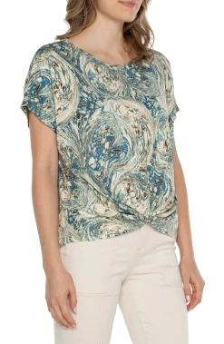 Liverpool Los Angeles Tops-PETITE TWIST FRONT DOLMAN KNIT TEE Oceanblueecrumarble