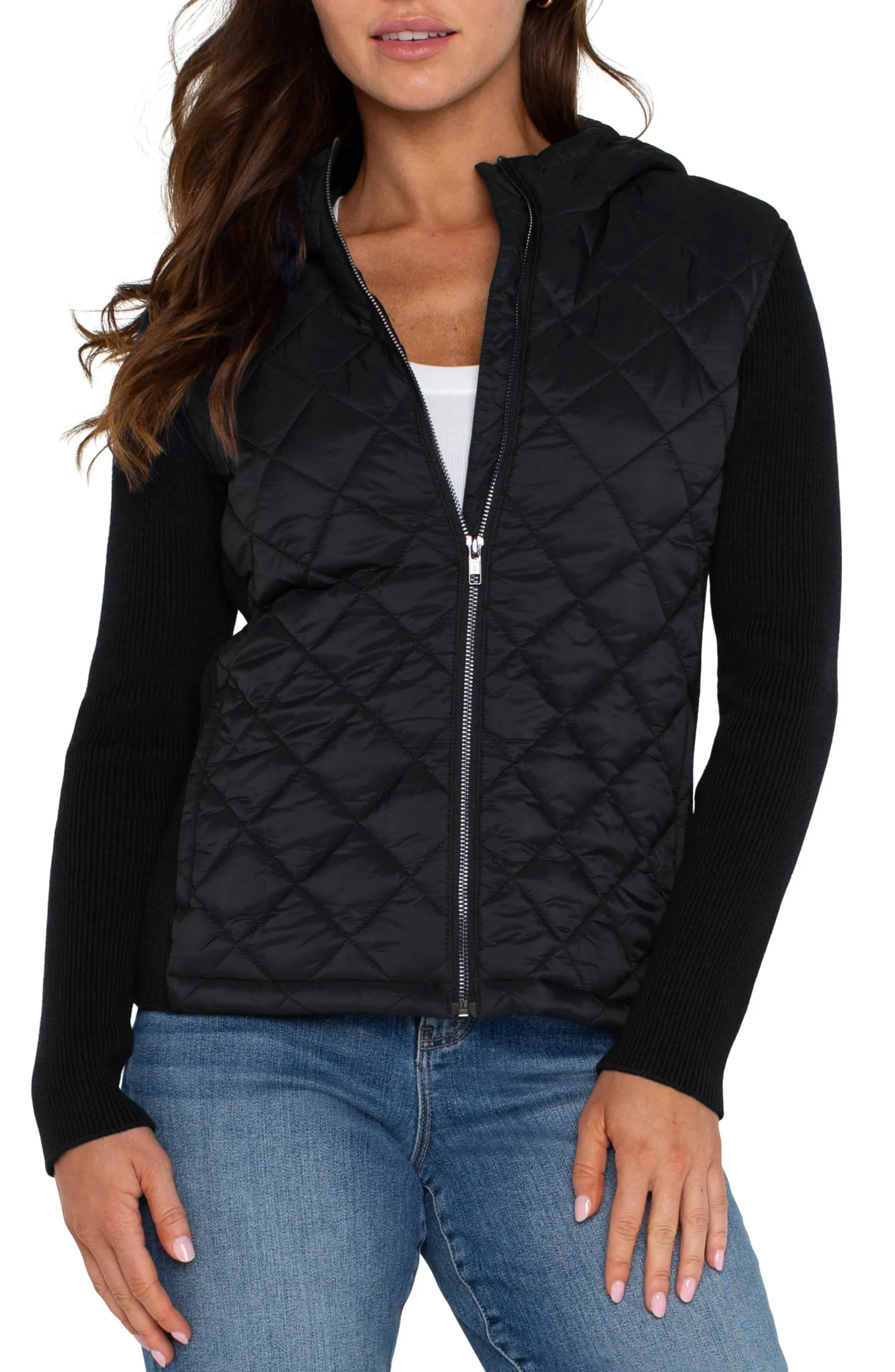 Liverpool Los Angeles Jackets-QUILTED FRONT FULL ZIP HOODED SWEATER Black