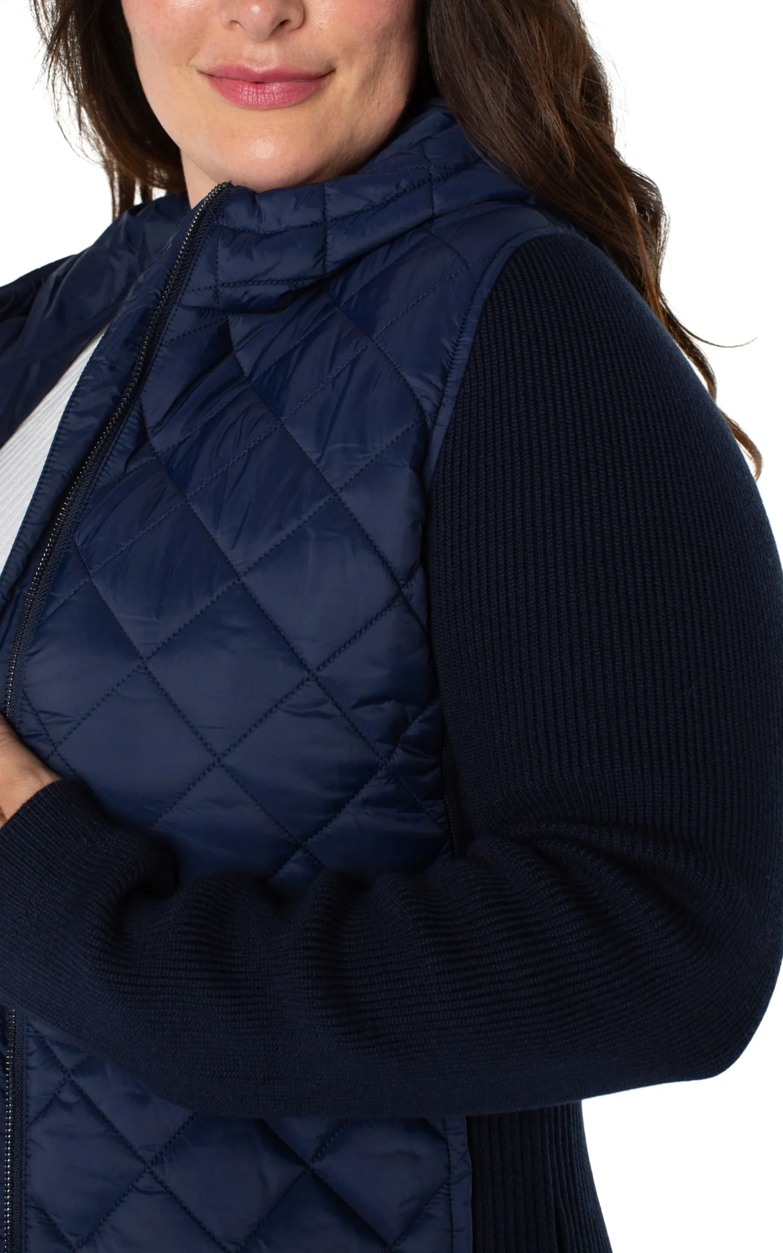 Liverpool Los Angeles Jackets-QUILTED FRONT FULL ZIP HOODED SWEATER Darknavy