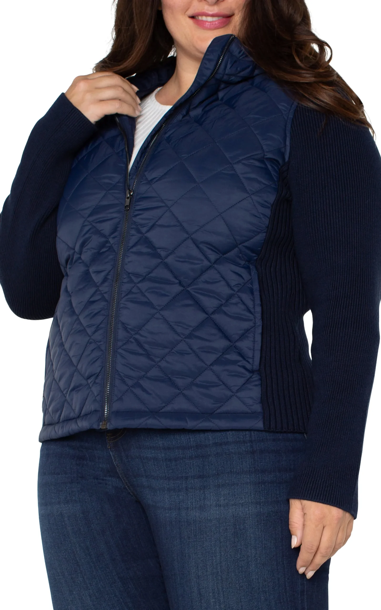 Liverpool Los Angeles Jackets-QUILTED FRONT FULL ZIP HOODED SWEATER Darknavy