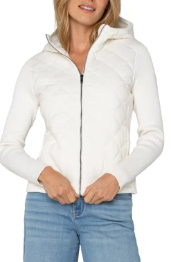 Liverpool Los Angeles Jackets-QUILTED FRONT FULL ZIP HOODED SWEATER Porcelain