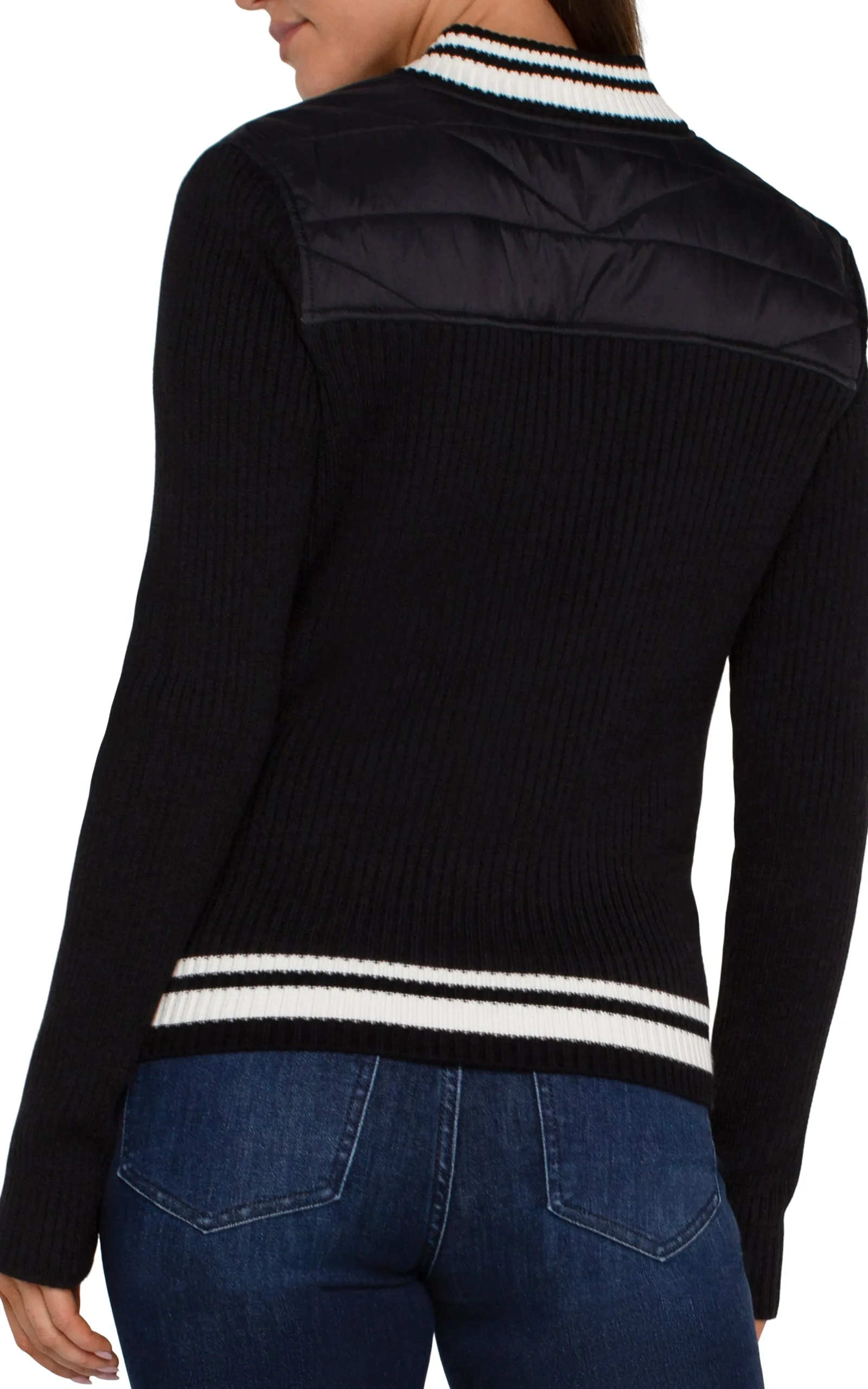 Liverpool Los Angeles Jackets-QUILTED FRONT FULL ZIP SWEATER Black