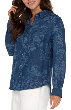 Liverpool Los Angeles Tops-ROLLED SLEEVE BUTTON DOWN SHIRT Indigofloral