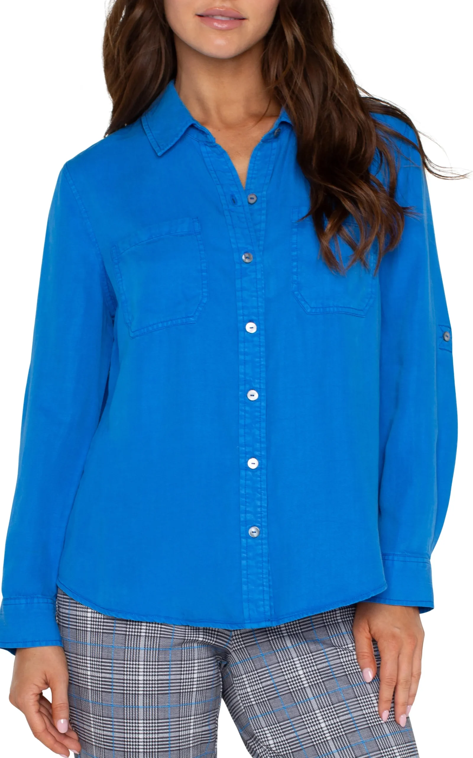 Liverpool Los Angeles Tops-ROLLED SLEEVE BUTTON DOWN WOVEN SHIRT Bluetopaz