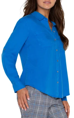Liverpool Los Angeles Tops-ROLLED SLEEVE BUTTON DOWN WOVEN SHIRT Bluetopaz