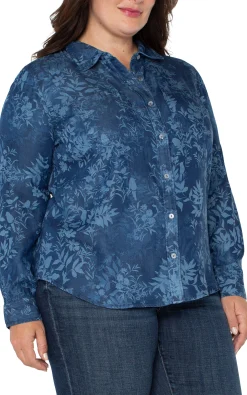 Liverpool Los Angeles Tops-ROLLED SLEEVE BUTTON DOWN SHIRT Indigofloral