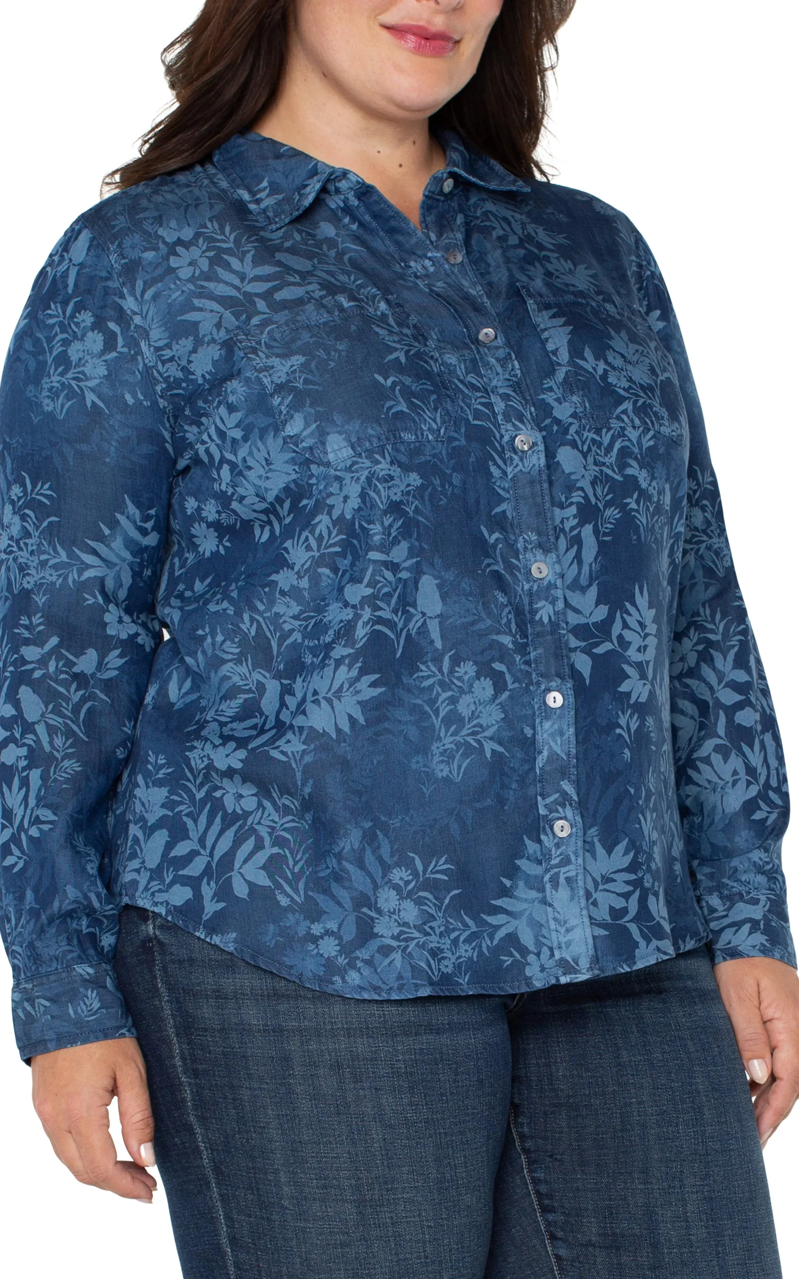 Liverpool Los Angeles Tops-ROLLED SLEEVE BUTTON DOWN SHIRT Indigofloral