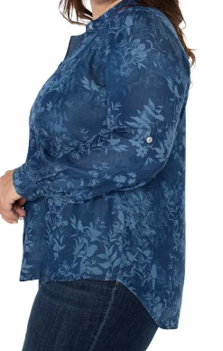 Liverpool Los Angeles Tops-ROLLED SLEEVE BUTTON DOWN SHIRT Indigofloral