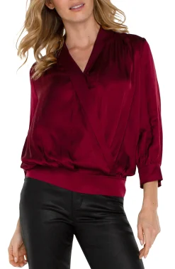 Liverpool Los Angeles Tops-SHAWL WRAP FRONT BRACELET SLEEVE BLOUSE Pinotnoir