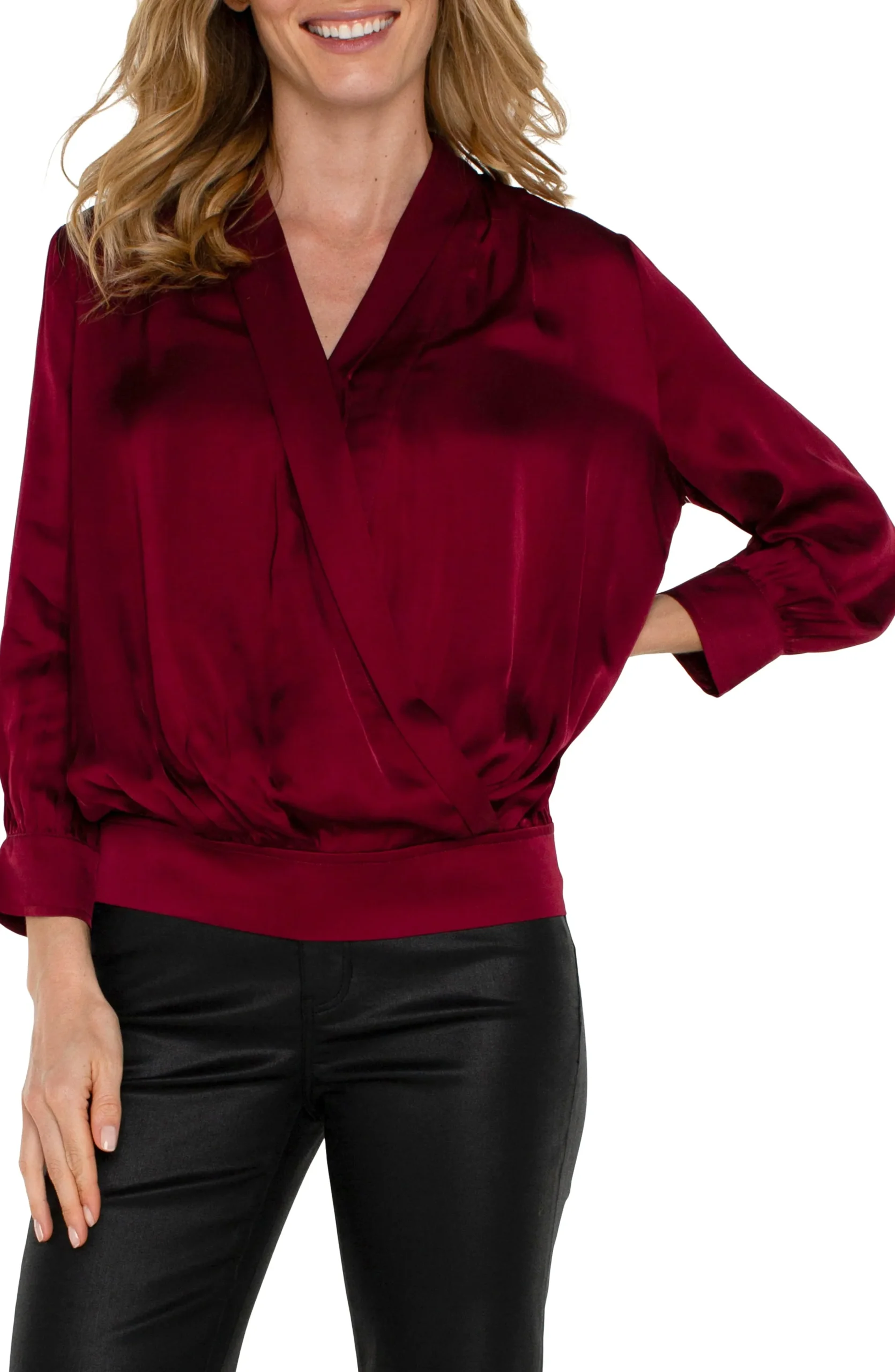 Liverpool Los Angeles Tops-SHAWL WRAP FRONT BRACELET SLEEVE BLOUSE Pinotnoir