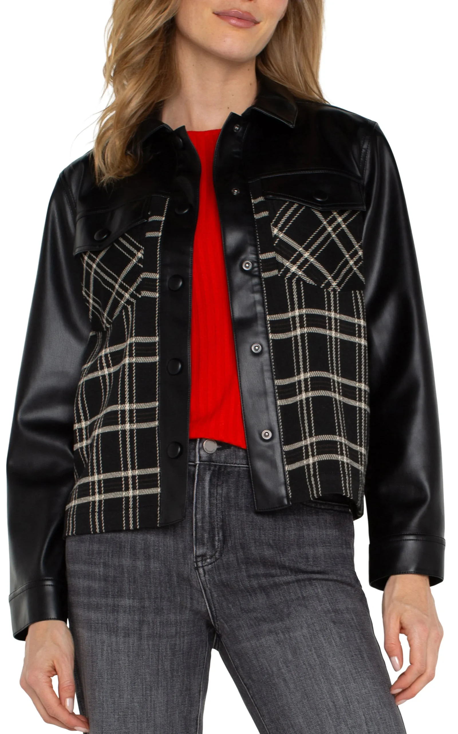 Liverpool Los Angeles Jackets-SHIRT JACKET WITH BLOCKING Blackoatmealwindowpane