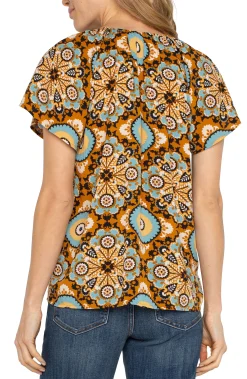 Liverpool Los Angeles Tops|Tops-SHORT FLUTTER SLEEVE RAGLAN WOVEN TOP Oceanjaspermulti