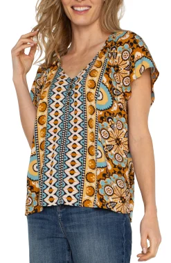 Liverpool Los Angeles Tops|Tops-SHORT FLUTTER SLEEVE RAGLAN WOVEN TOP Oceanjaspermulti