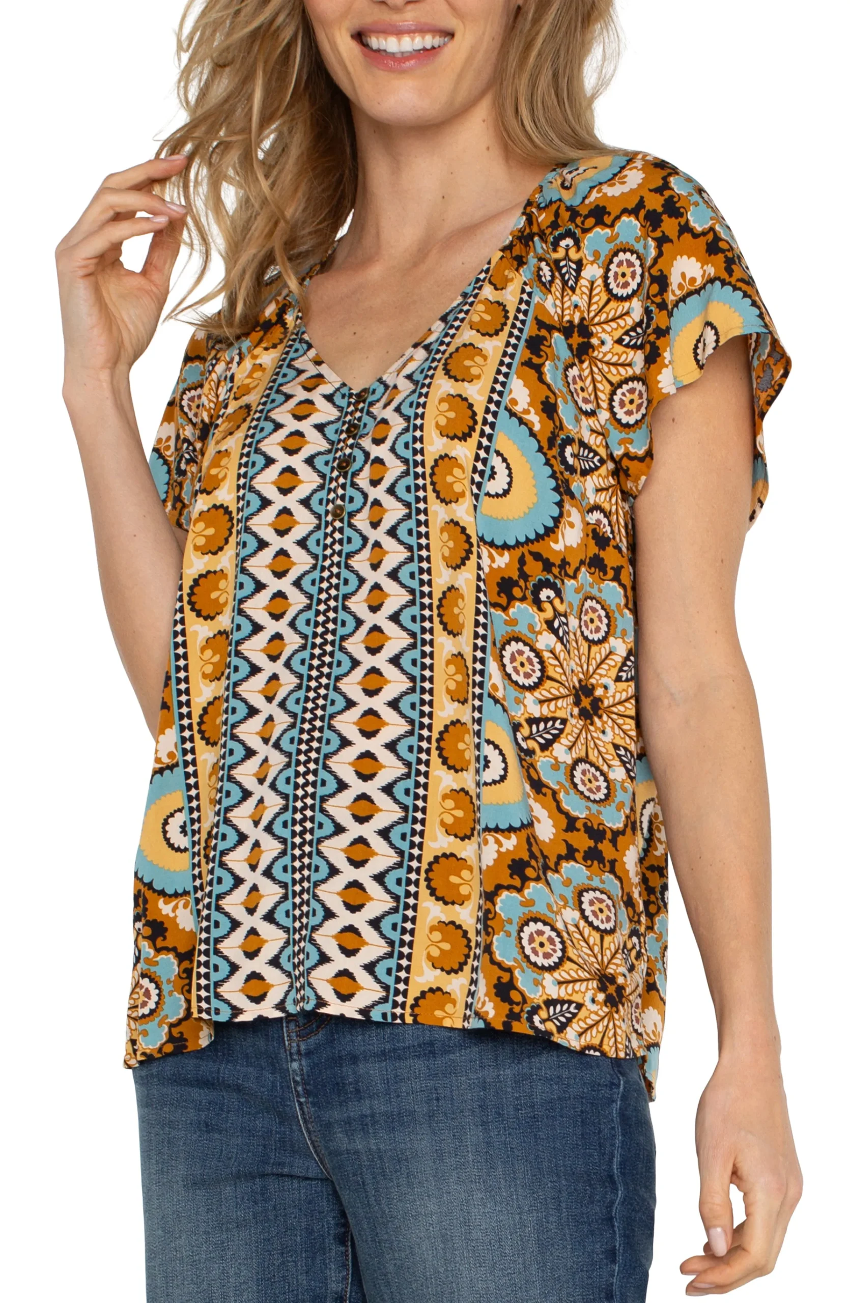 Liverpool Los Angeles Tops|Tops-SHORT FLUTTER SLEEVE RAGLAN WOVEN TOP Oceanjaspermulti