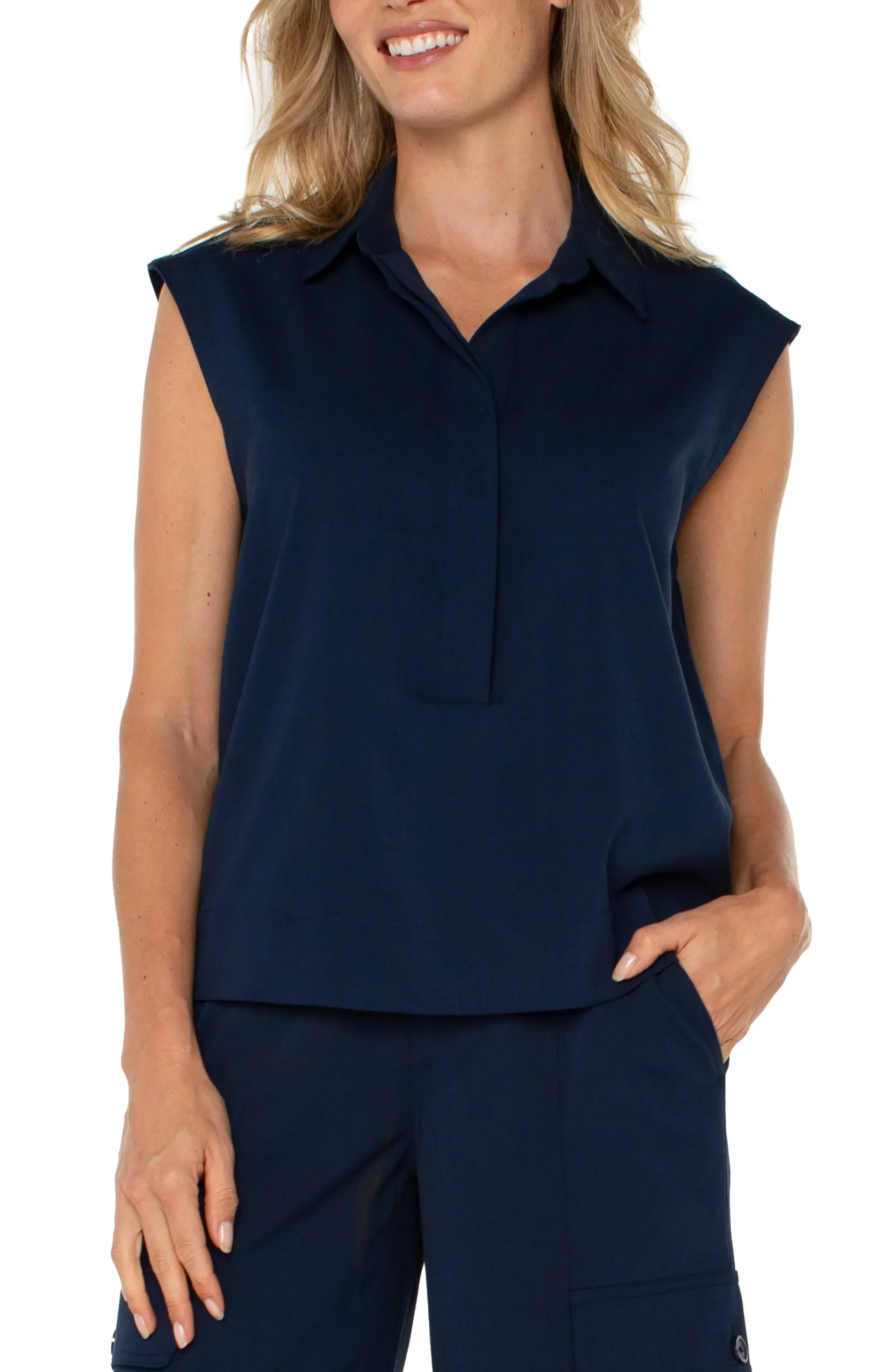 Liverpool Los Angeles Tops-SLEEVELESS CROPPED SHIRT Darknavy