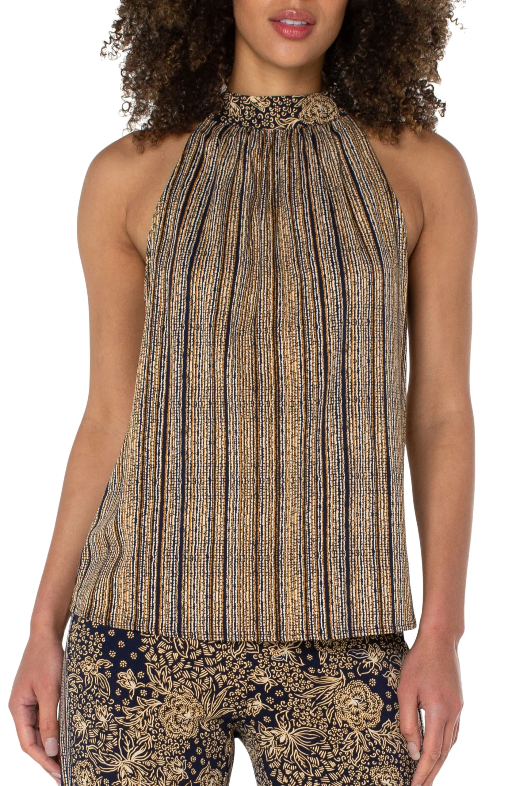 Liverpool Los Angeles Tops-SLEEVELESS MOCK NECK TANK WITH NECK TIES Indonesianfloralprint