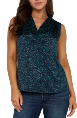 Liverpool Los Angeles Tops-SLEEVELESS PLEATED NECK WOVEN BLOUSE Navymalachitedot