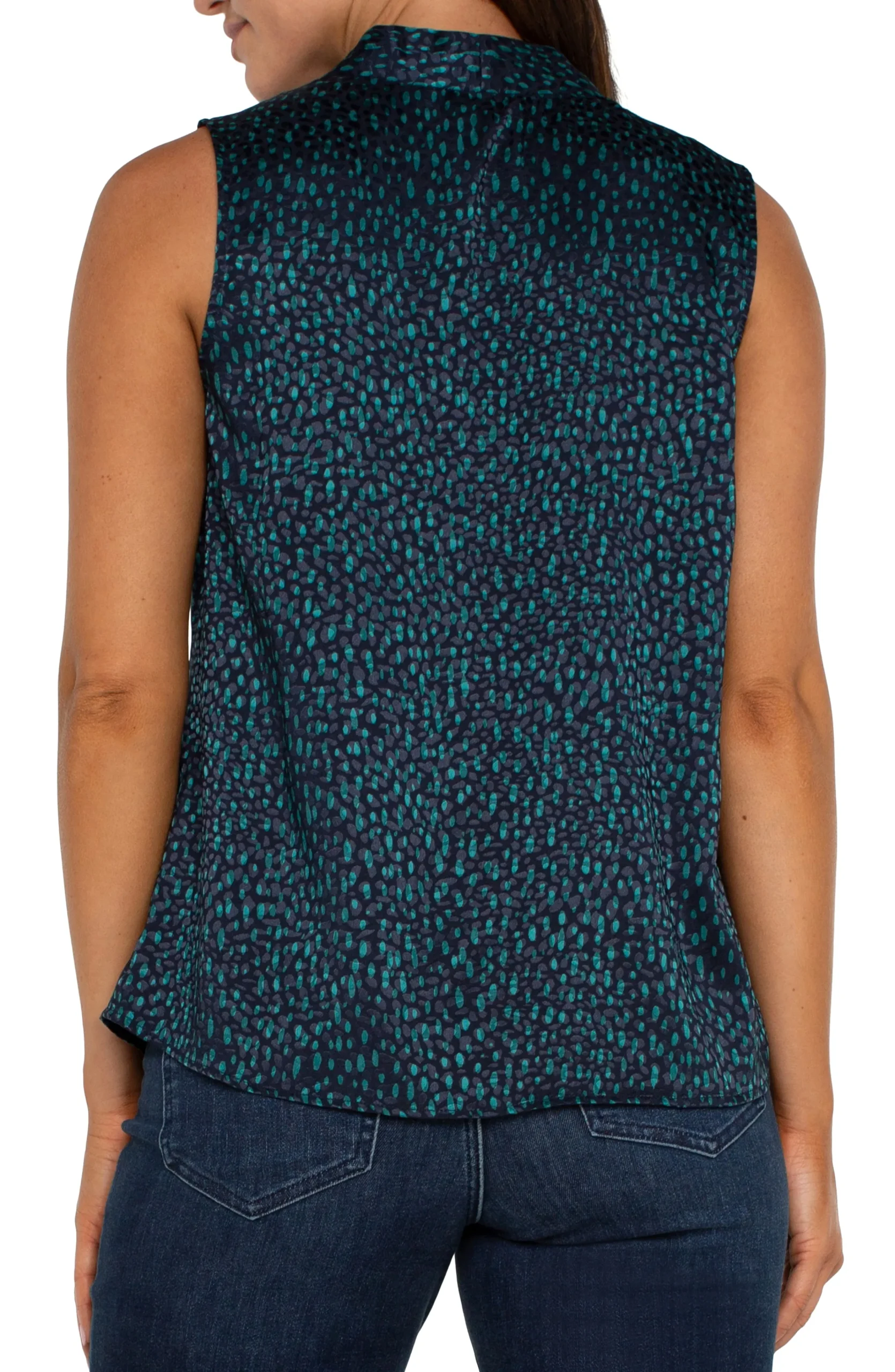 Liverpool Los Angeles Tops-SLEEVELESS PLEATED NECK WOVEN BLOUSE Navymalachitedot