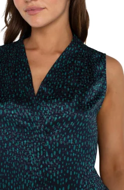 Liverpool Los Angeles Tops-SLEEVELESS PLEATED NECK WOVEN BLOUSE Navymalachitedot