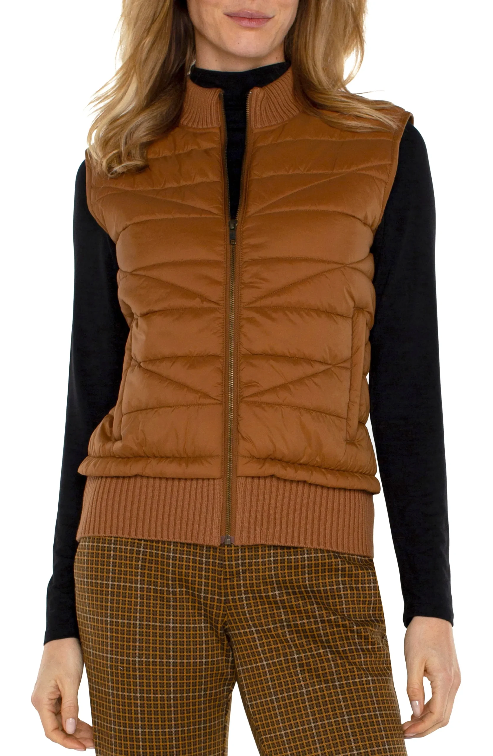 Liverpool Los Angeles Jackets-SLEEVELESS QUILTED FULL ZIP SWEATER VEST Turmeric