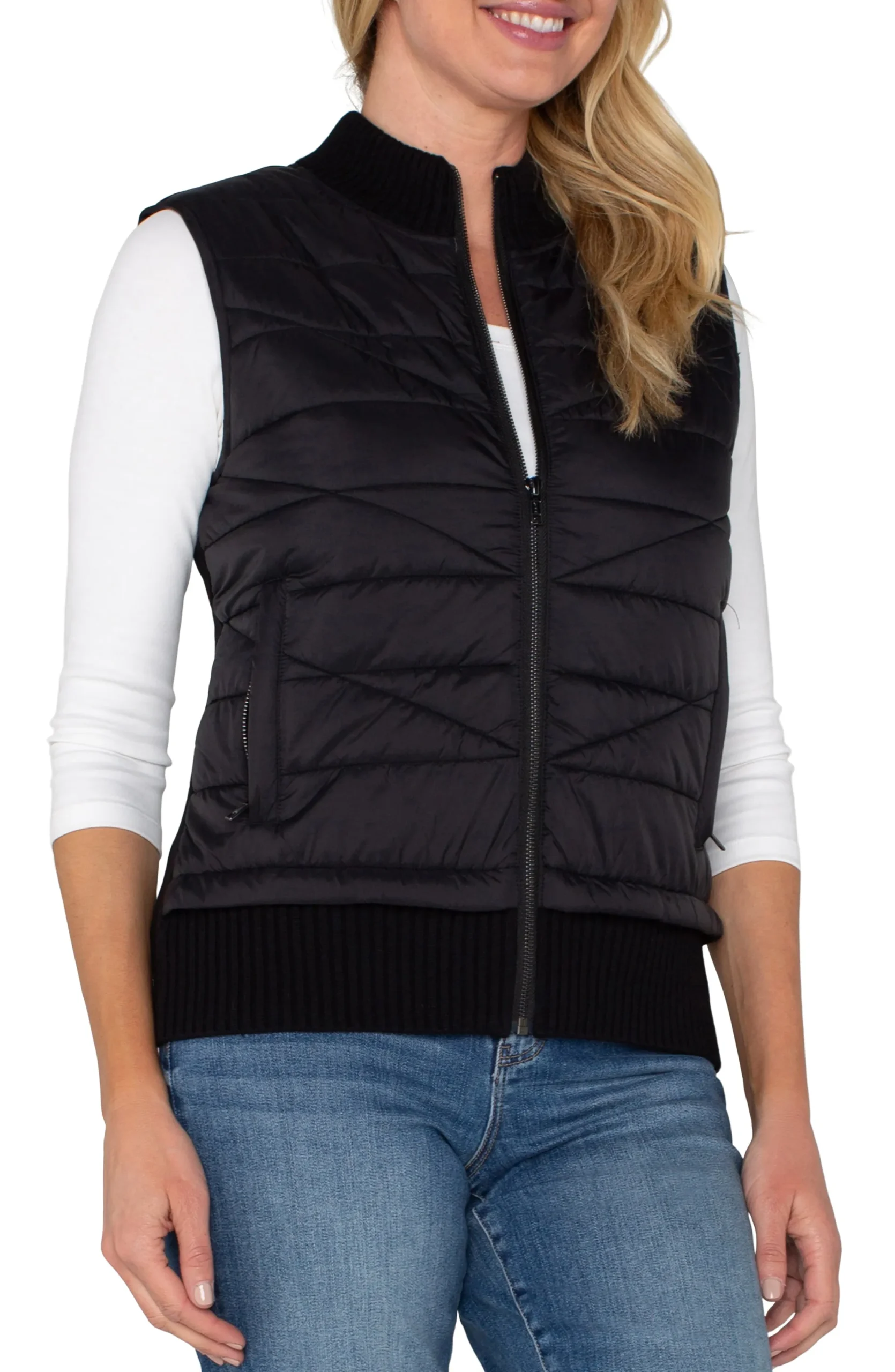 Liverpool Los Angeles Jackets-SLEEVELESS QUILTED FULL ZIP SWEATER VEST Black