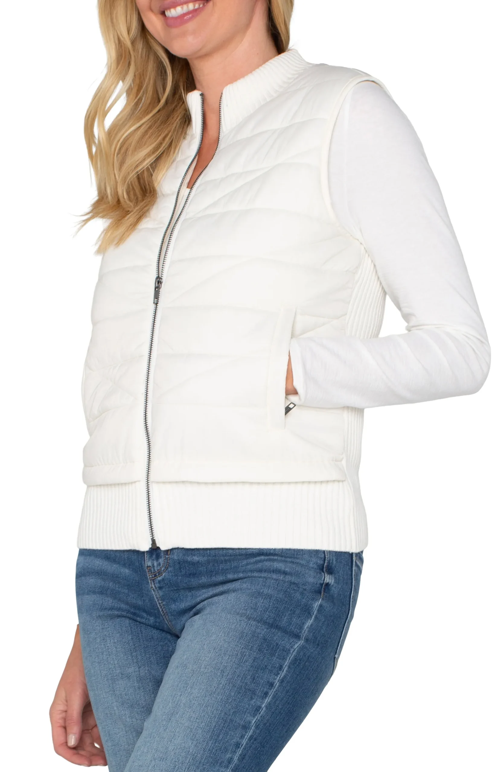 Liverpool Los Angeles Jackets-SLEEVELESS QUILTED FULL ZIP SWEATER VEST Porcelain