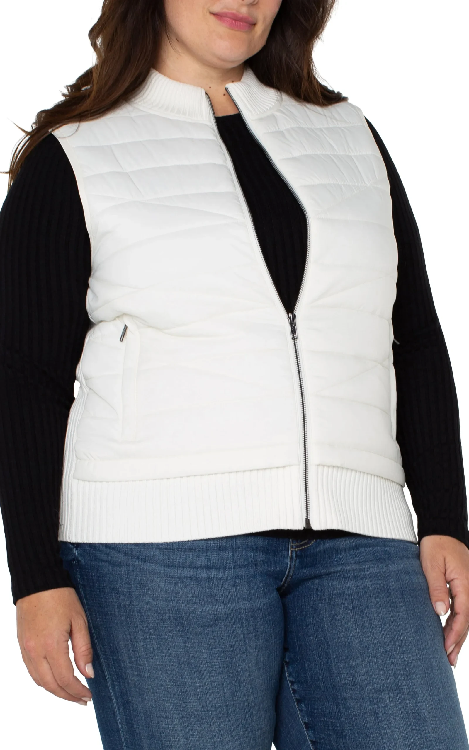 Liverpool Los Angeles Jackets-SLEEVELESS QUILTED FULL ZIP SWEATER VEST Porcelain