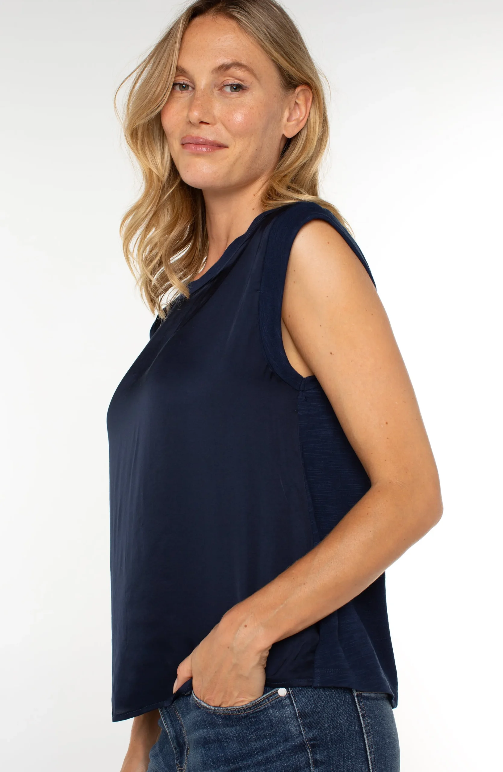 Liverpool Los Angeles Tops|Tees-SLEEVELESS WOVEN KNIT TOP Darknavy