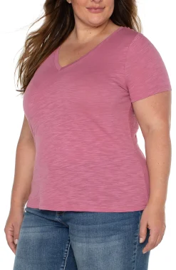 Liverpool Los Angeles Tops-SLIM FIT V-NECK SLUB KNIT TEE Wildrose