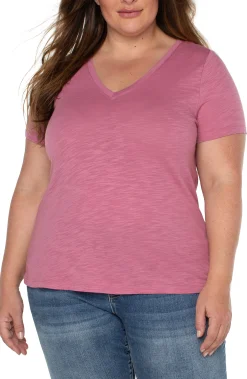 Liverpool Los Angeles Tops-SLIM FIT V-NECK SLUB KNIT TEE Wildrose