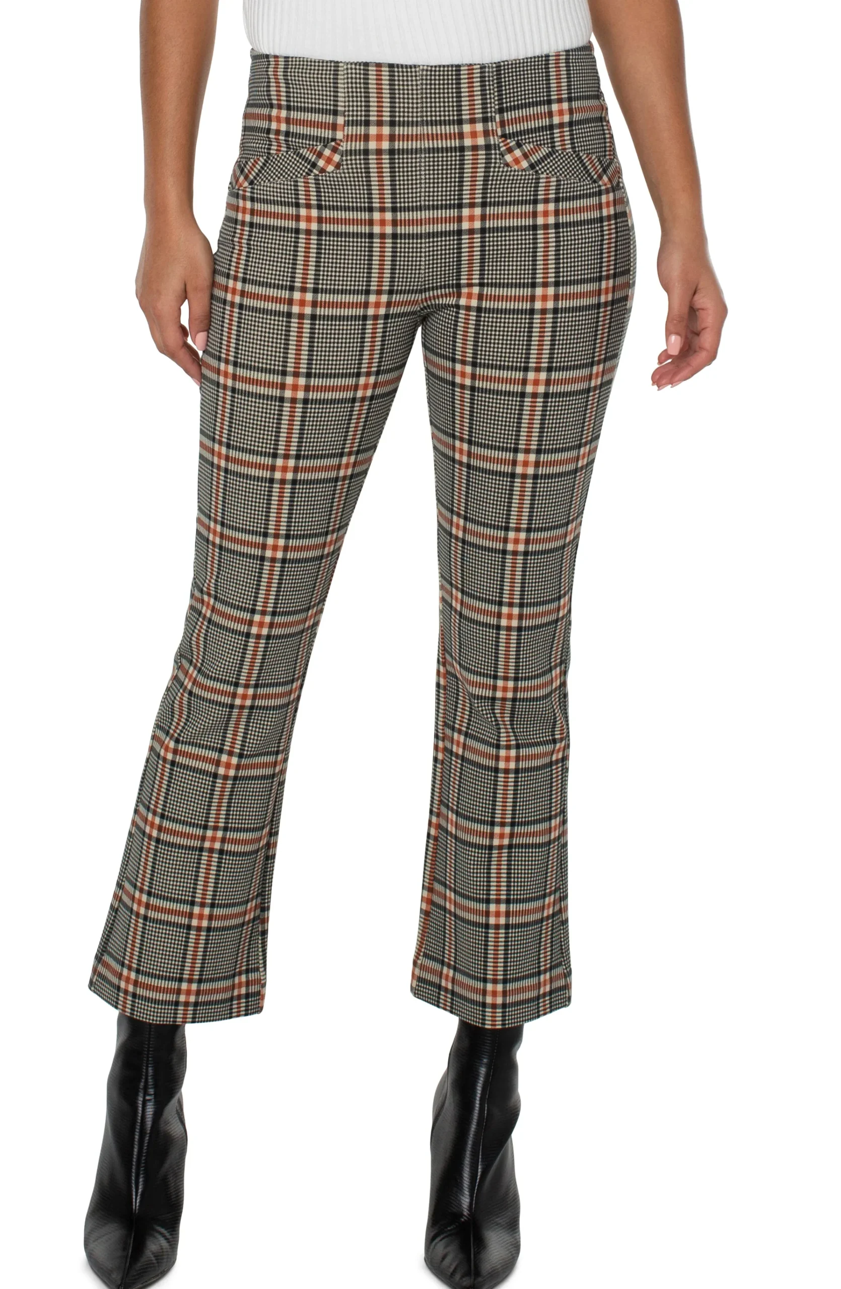 Liverpool Los Angeles Knit Pull-On-STELLA KICK FLARE WITH WELT POCKETS Blackcinnamontartanplaid