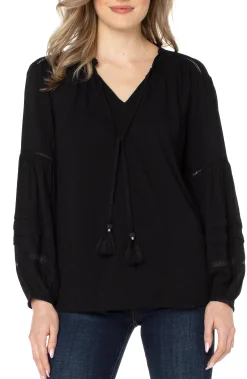 Liverpool Los Angeles Tops-TIE FRONT POPOVER SHIRRED BLOUSE Black