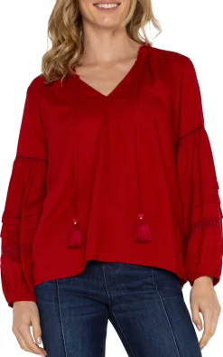 Liverpool Los Angeles Tops-TIE FRONT POPOVER SHIRRED BLOUSE Carnelianred