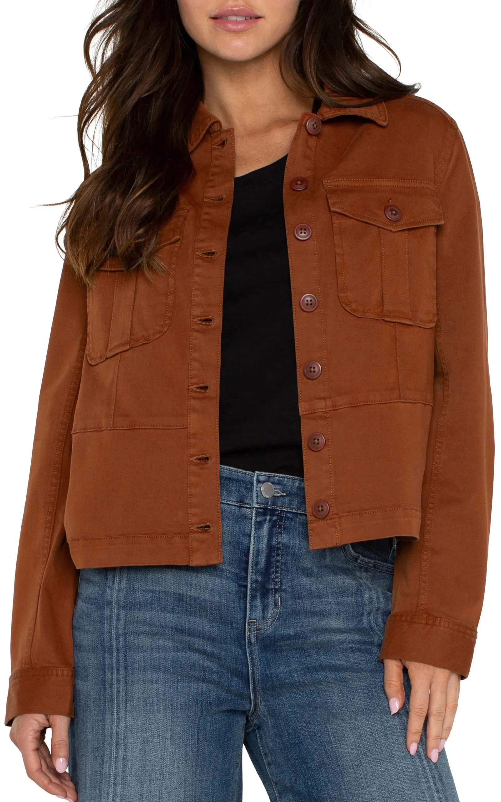 Liverpool Los Angeles Jackets-TRUCKER JACKET WITH PEPLUM HEM Burlywood